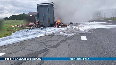 Фура загорелась на автотрассе М1 в Брестской области